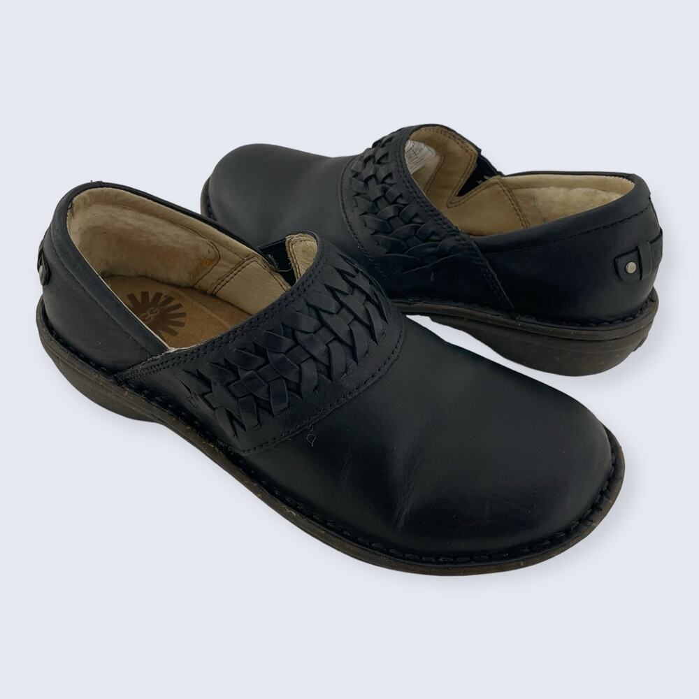 UGG Anila Black Leather Braided Woven Shearling Slip On Clog SN 1005427 7 $120